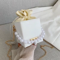mini ladies handbags pearl chain top handle bucket bag leather candy color purse branded crossbody shoulder bag for women sale