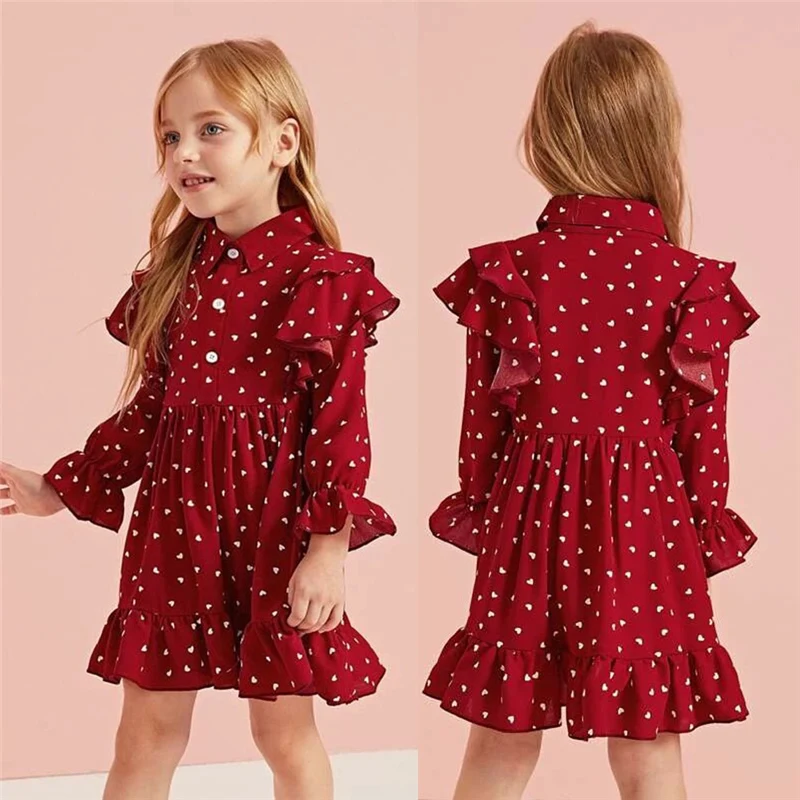 Children Spring Dresses Kids Baby Girls Long Sleeve Heart-shaped Print Cotton Red A-line Dress Summer for | Детская одежда и обувь