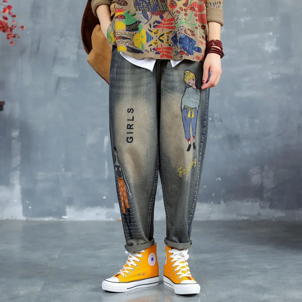 

Original retro literary letter cartoon embroidery old embroidery washed white elastic waist trousers jeans women