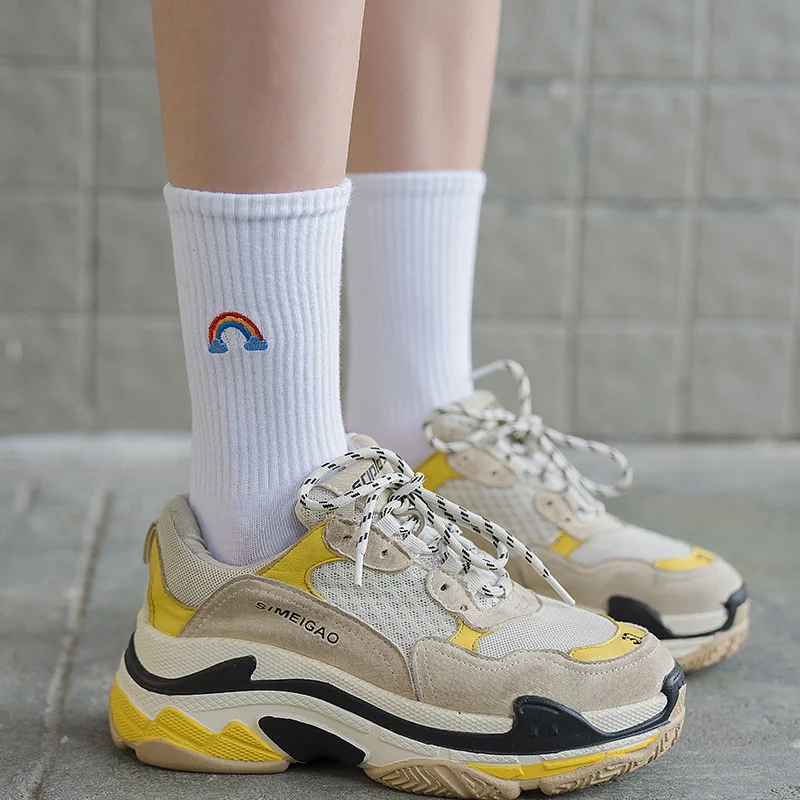 

1 Pair New Women Color Cotton Socks Breathable Sunny Weather Embroidery Long Socks Creative Street Cute Casual Socks
