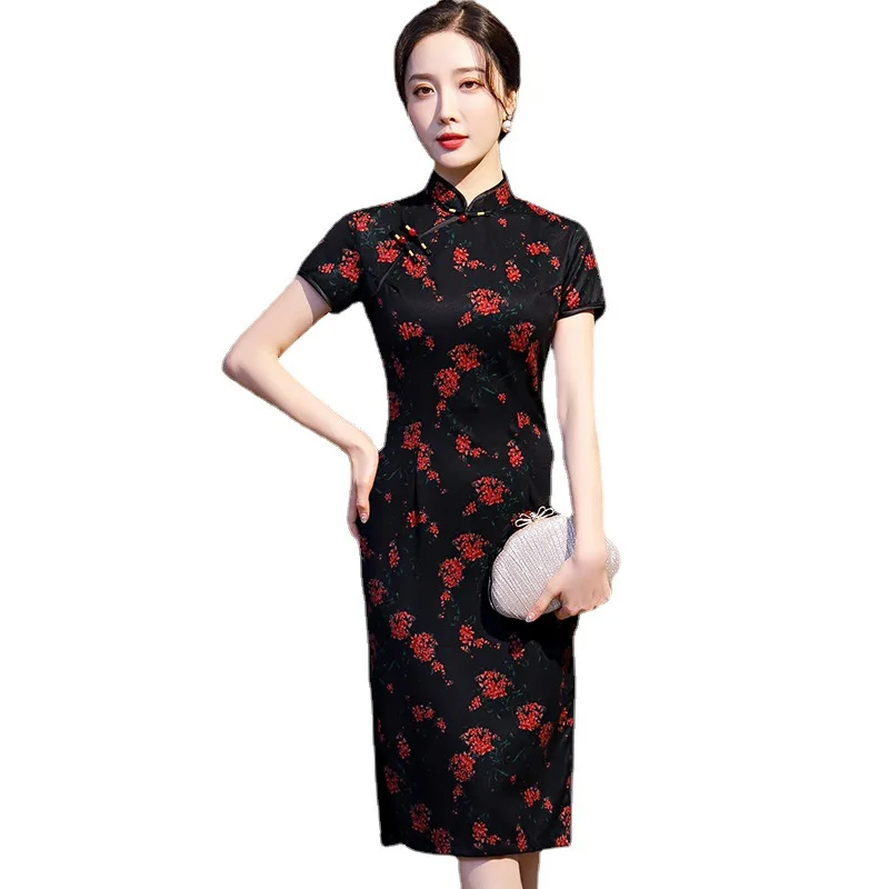 

Vintage Button Trim Exquisite Chinese Dress Women Mandarin Collar Elegant Print Vintage Qipao Medium Length Slim Cheongsam