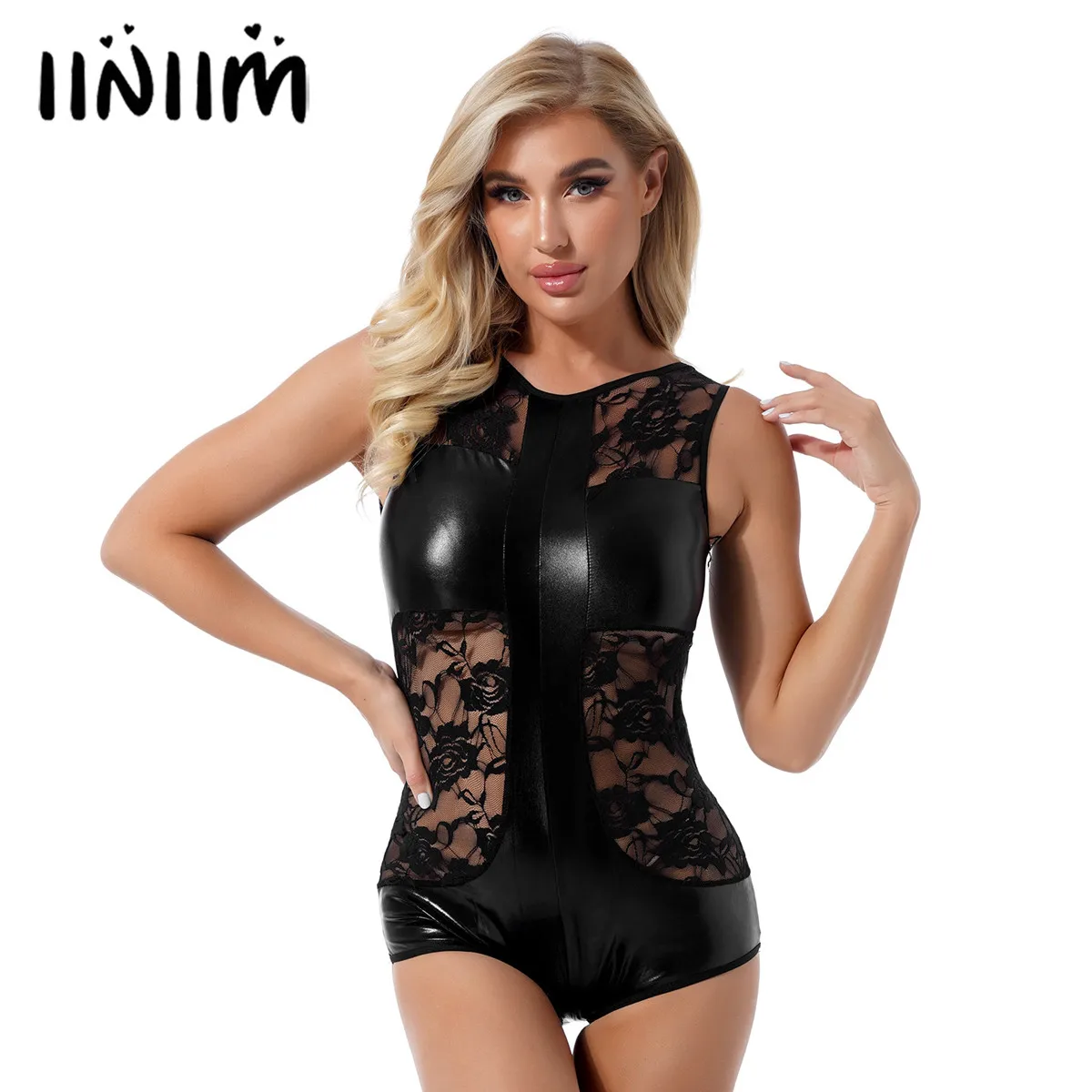 

Сексуальное женское нижнее белье, облегающее Боди без рукавов из искусственной кожи с прозрачными кружевами и пэчворком, боди для ночного к...