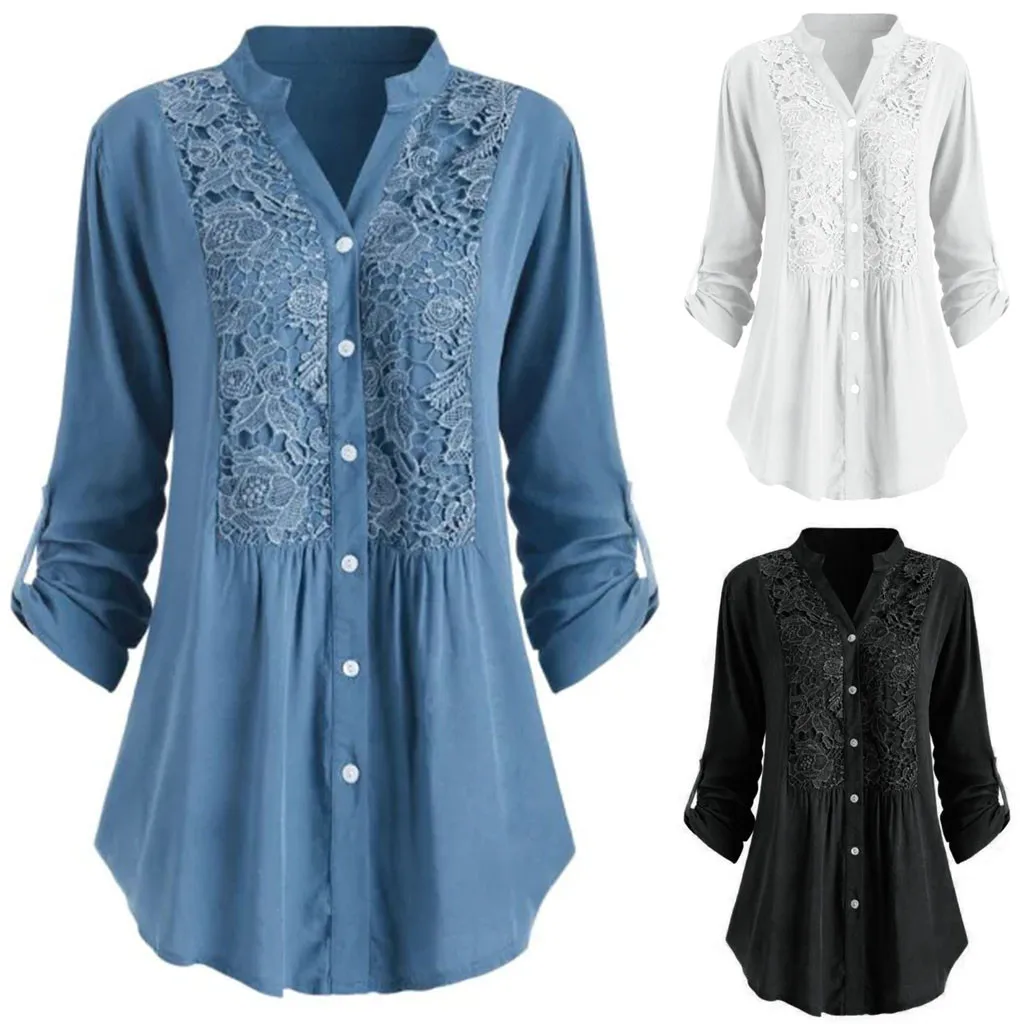 Blusas mujer de moda рубашка женская большой размер Кнопка кружева v-образный вырез длинный рукав Blusas feminina кимоно блузка для женщин
