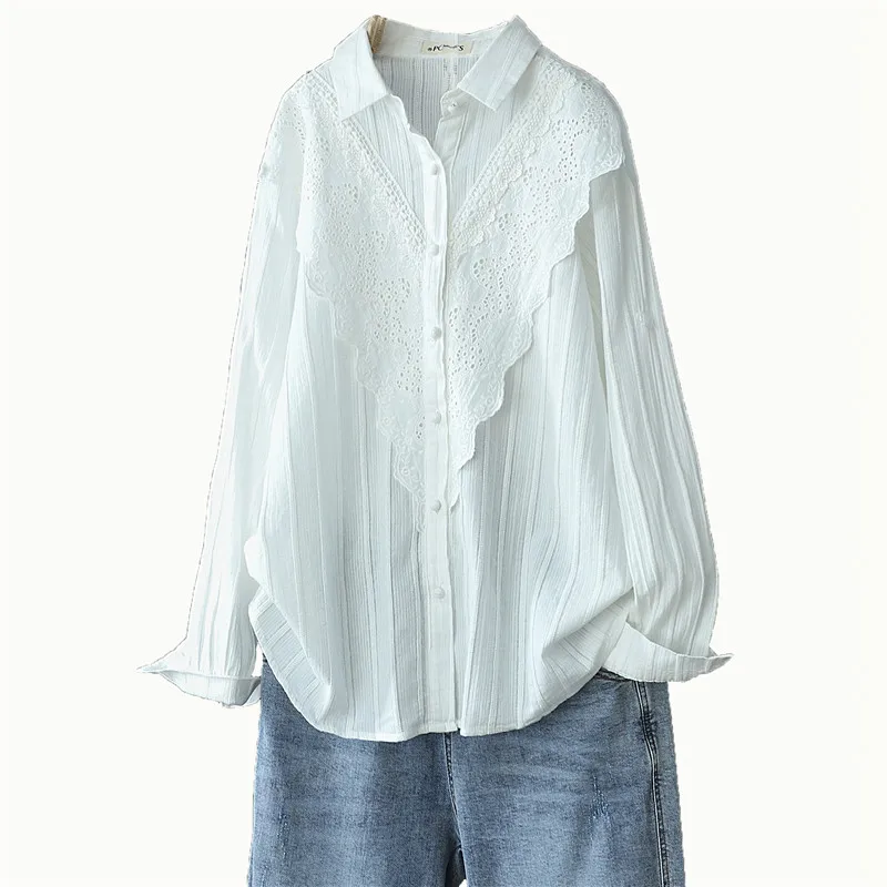 

Lamtrip Fairy long-sleeved lace embroidery lacing shirt loose cotton white autumn blouse