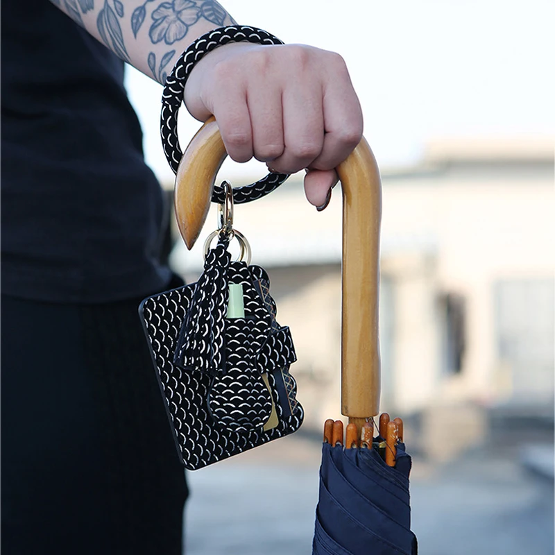 

New Wrist Keychain Leather Lipstick Bag PU Card Holder Document Bag Bracelet Keyring Mobile Phone Backpack Car Keychains2021