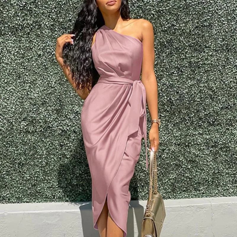 

off shoulder elegant Women belt Long Dress 2021 Summer Fashion Satin silk work office sleeveless Slim Party Dresses for Women