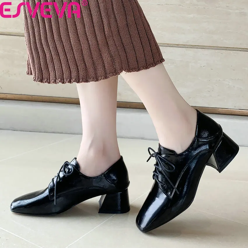 

ESVEVA 2020 Square Heel PU Patent Leather Women Pumps All Match Women Single Shoes Square Toe Lace Up Ladies Shoes Size 34-42