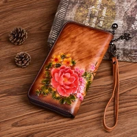 2021 new chinese style retro women wallet genuine leather long zipper purse vintage handmade embossed clutch card holder