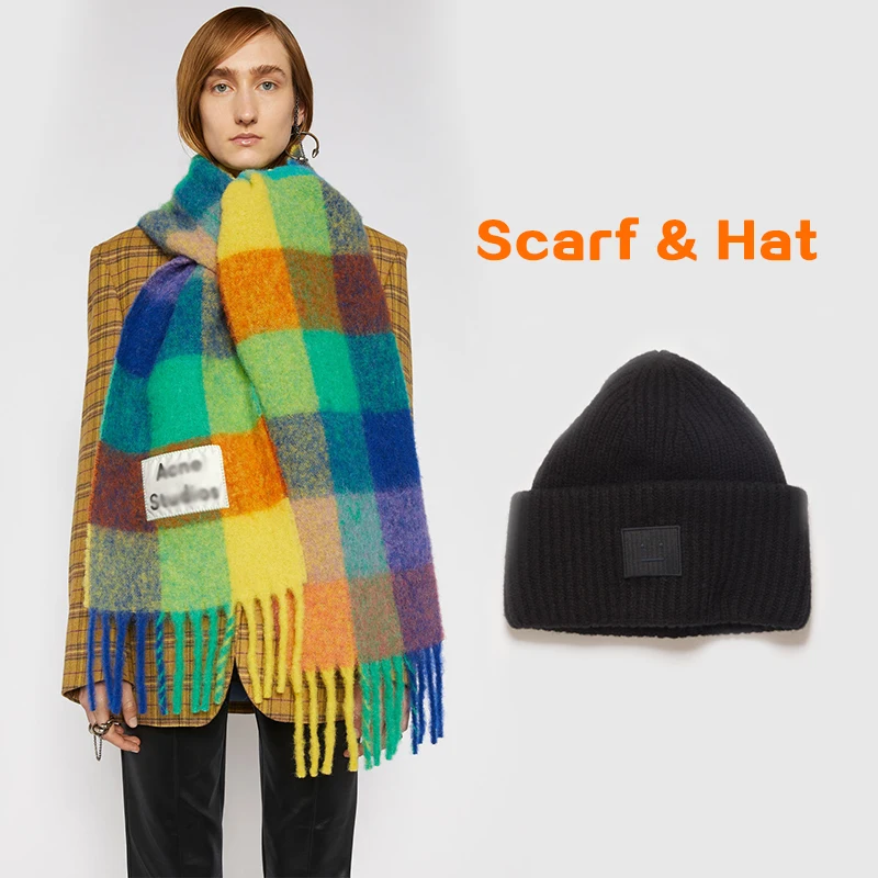 

Шарф и шапка, кашемировая шаль для осени и зимы 2019, Модный Цветной клетчатый шарф для зимы, шеи для студентов и утолщенный