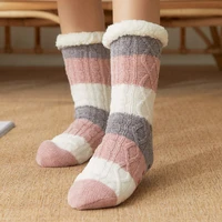 soft coral fleece female striped comfy floor sock fuzzy socks women warm plush bedroom silicone non slip womens slippers sock