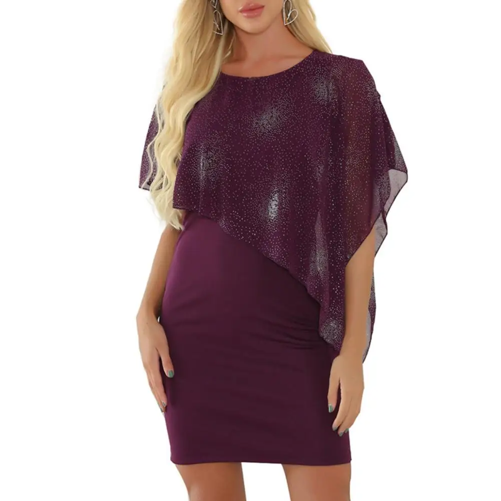 

Женское облегающее мини-платье, из двух частей, с круглым вырезом, нестандартная блестящая шаль, размера плюс