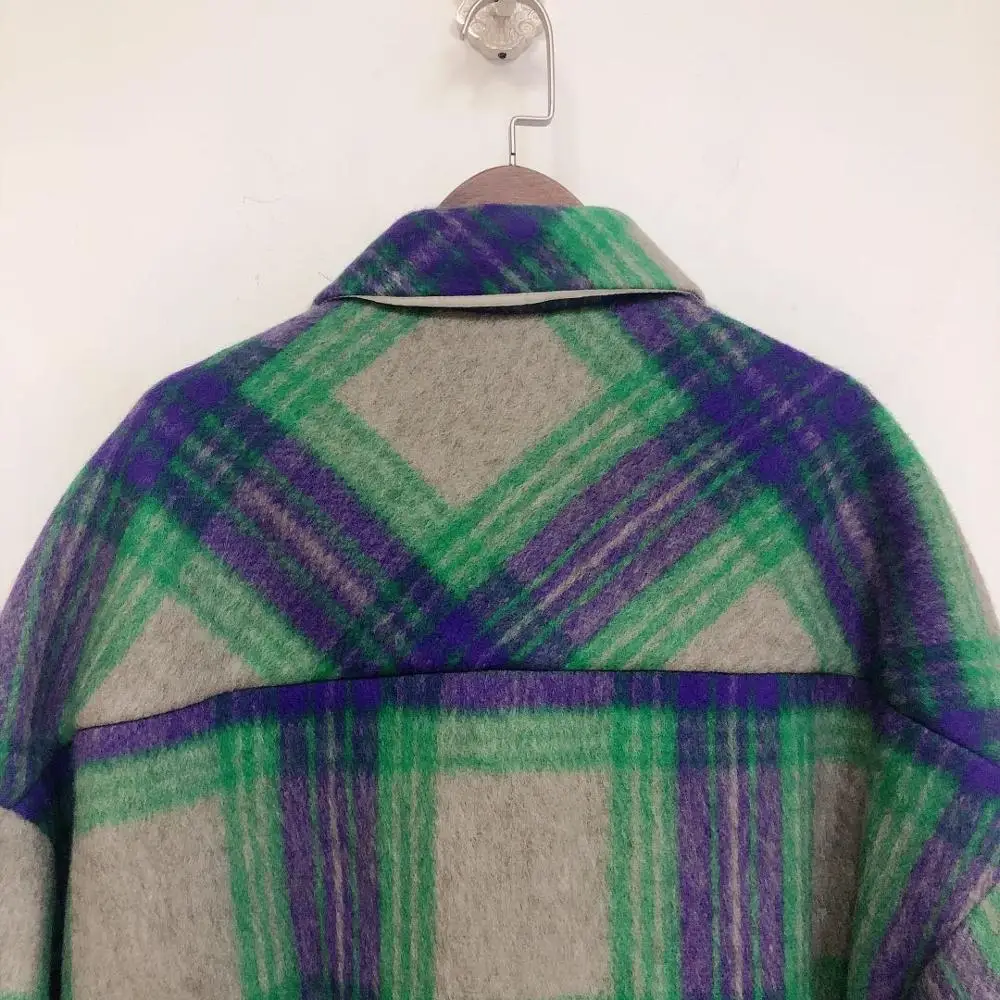 

Women's Side Slit Wool Blend Coat Turn-down Collar Single Breasted Plaid Pockets Loose Autumn and Winter Female Retro Jacket