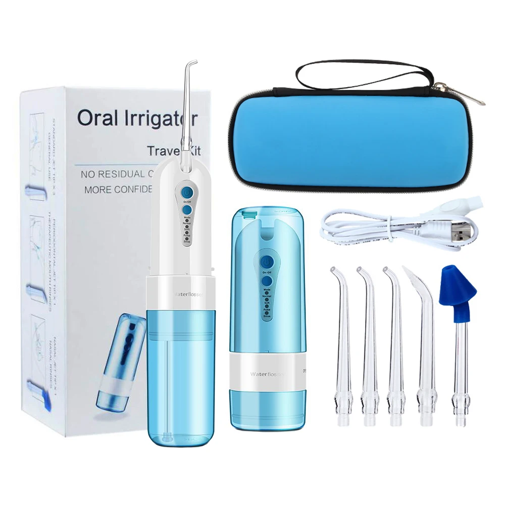 

Portable Rechargeable Irrigator Water Flosser With 4 Modes 5 Replacement Tips IPX7 Waterproof Travel Bag include nose clean