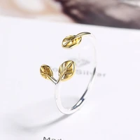 romantic poetic simple style finger rings cute golden leaf plant opening design ring band lyrical ring jewelry gifts for women