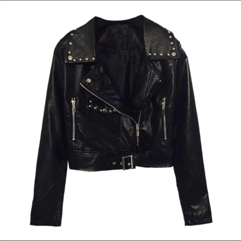 Женская куртка из искусственной кожи осенне-зимняя мотоциклетная с заклепками |
