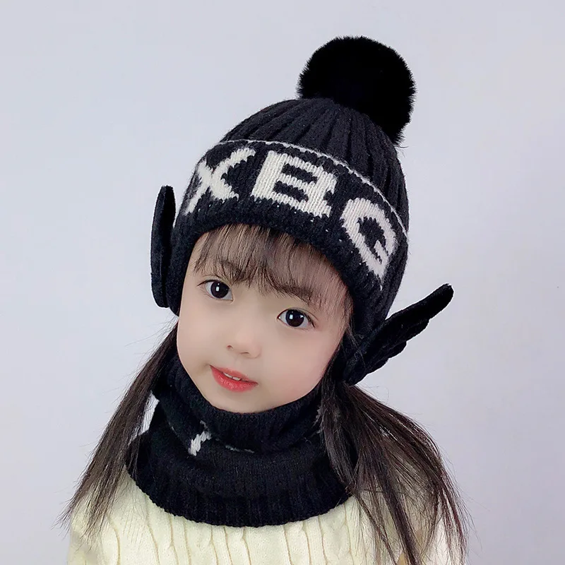 

Kids Hats Girls Cute Wing Thick Velevt Autumn Winter Hats Scarf Set Baby Boy Beanies Winter Hats For Kids Gorros Baby Hat