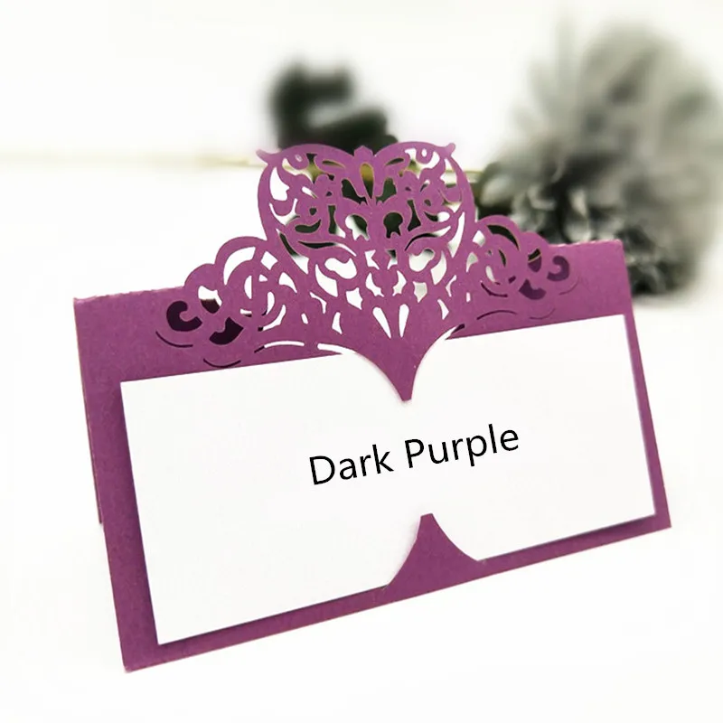 Dark purple 50 шт., винтажные вырезанные лазером сердечки, номер стола, имя, карта, место, карты, место, карта, украшение для свадьбы, банкета, дня рождения, 5Z - Цвет: Dark purple