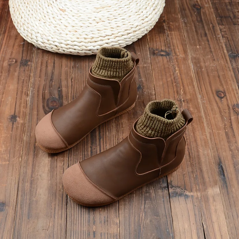 

Mori Retro Literary Womens Boots Plus Velvet Soft Leather Flats Ankle Boots Handmade Comfort Wild Chelsea Short Boots Women Shoe