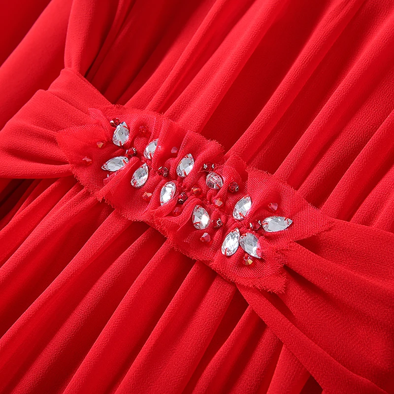 

AELESEEN Red Long Dress Runway Fashion High Quality Autumn Winter Lantern Sleeve Hollow Out Beaidng Diamonds Party Elegant Dress