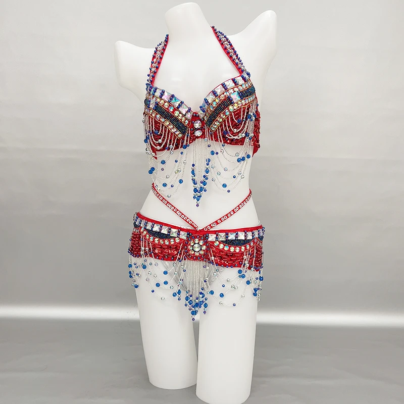 

Новый сексуальный костюм для танца живота с бисером, женские топы, бюстгальтер, комплект с цепочкой и поясом, Женский костюм для танца живота