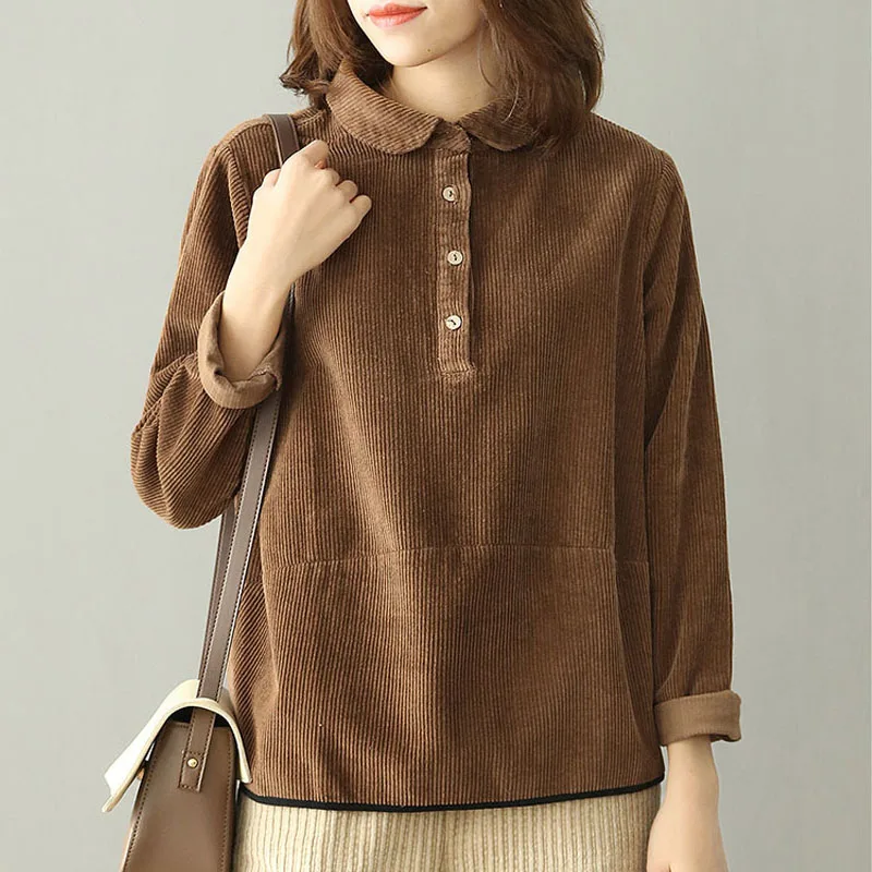 Autumn Winter Women Corduroy Shirts Button Peter Pan Collar Long Sleeve All-Match Solid Color Tops Blouses Female Sleeved | Женская