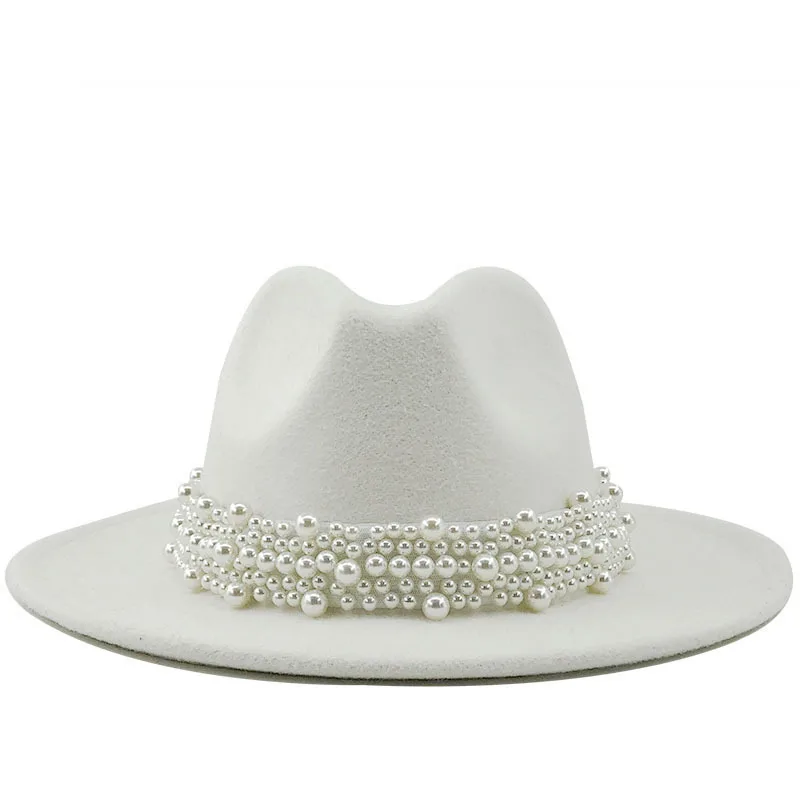 

Winter Pearl Fedora Hat Wool Women Men Metal Belt Fall Vintage Hats Ladies Hats Church Chapeau Femme Felt Hats