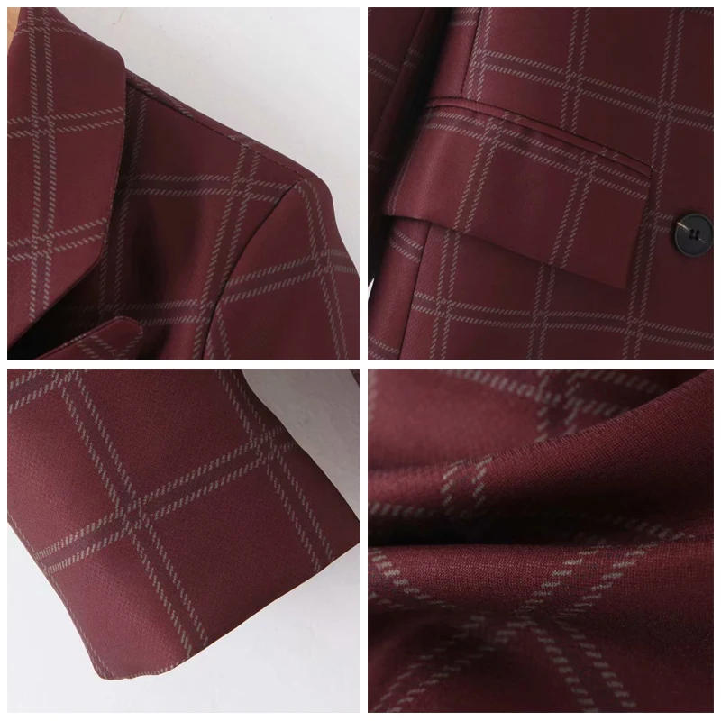 ROHOPO двойной нагрудный клетчатый бордовый блейзер с боковыми отворотами