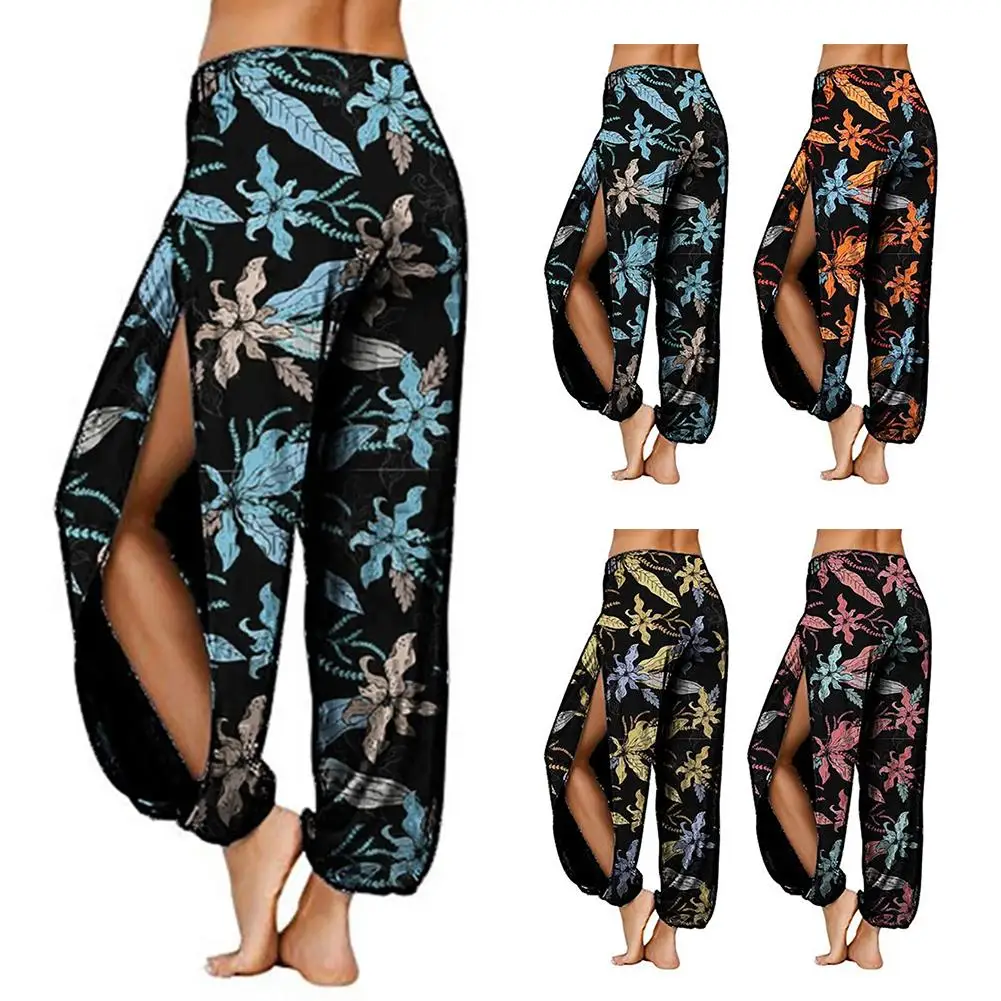 

Fashion Women Floral Print Side Slitting Long High Waist Hip Hop Dance Sport Running Jogging Harem Pants Bloomers Trousers