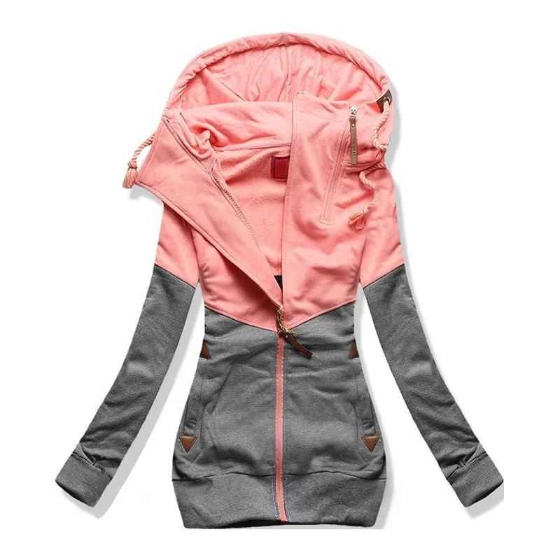 

Autumn/Winter New Style Women's Full Cotton Fleece Hoodies Unusual Double Zipper Matching Color Hooded Plus Size S-5XL Lady Tops
