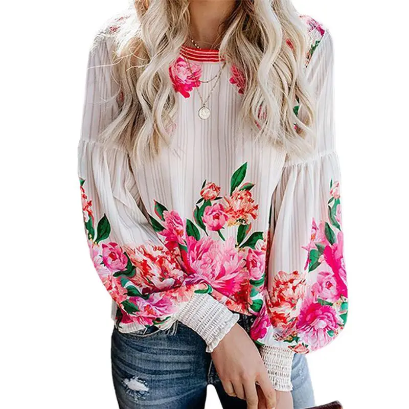 

Women Autumn Lantern Sleeve Loose Shirts Bohemian Vintage Floral Print Striped Pullover Tops O-Neck Elegant Beach Vacation Blous