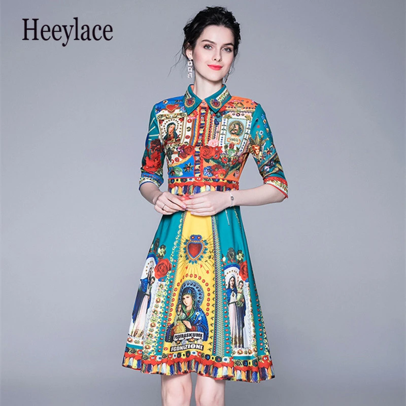 Женское осеннее элегантное платье рубашка с принтом и рукавами до локтя