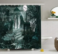 gothic full moon light over medieval temple ruins at night dark scary backdrop blue grey long shower curtains with hooks home
