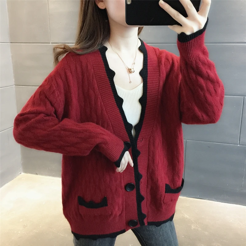 

Room 215451 on the row 4, 5] film color matching sawtooth v-neck knitting cardigan [1133] 54