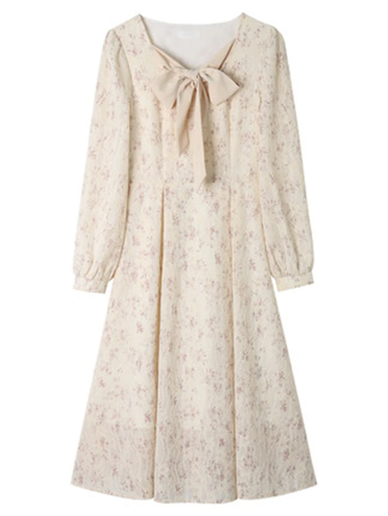 

Женское шифоновое платье с цветочным принтом, круглым вырезом и бантом