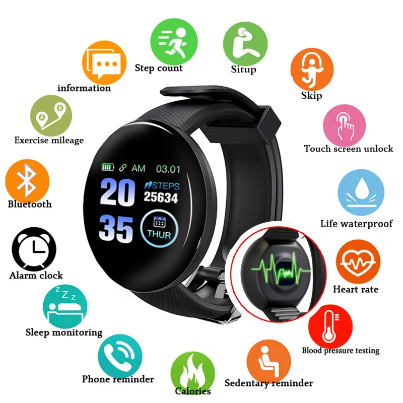 

Relogio Bluetooth Smart Watch 2021 Men Women Blood Pressure Wristwatch Sport Watches Pedometer SmartWatch D18 For Android IOS