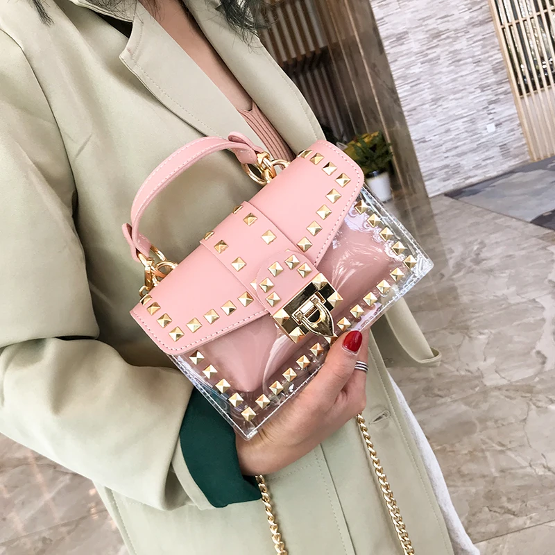 

Small clear Brand Designer Woman 2020 New Fashion Messenger Bag Chains Shoulder Bag Velvet Rivets Transparent Square PU Handbag