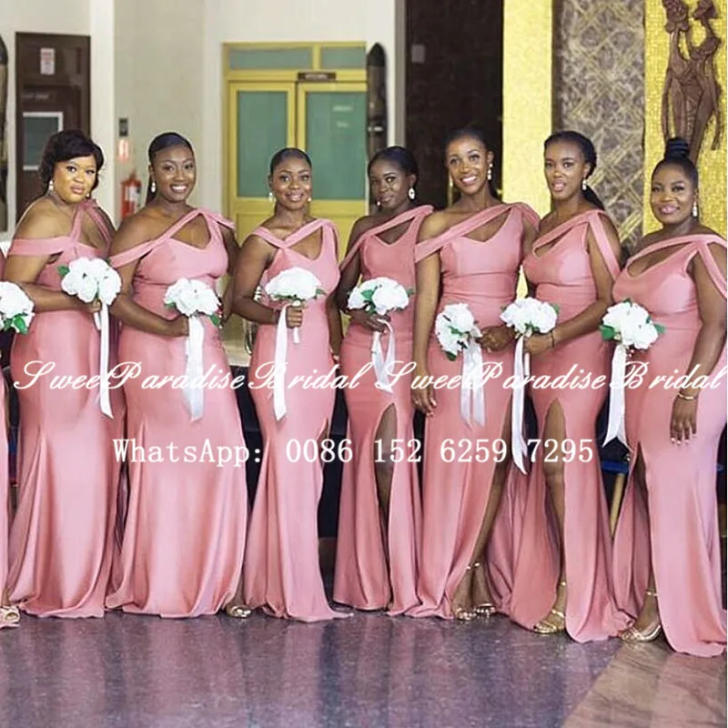 

Stylish Side Split Pink Bridesmaid Dresses Off Shoulder Wholesale Mermaid Long Wedding Party Dress For Women