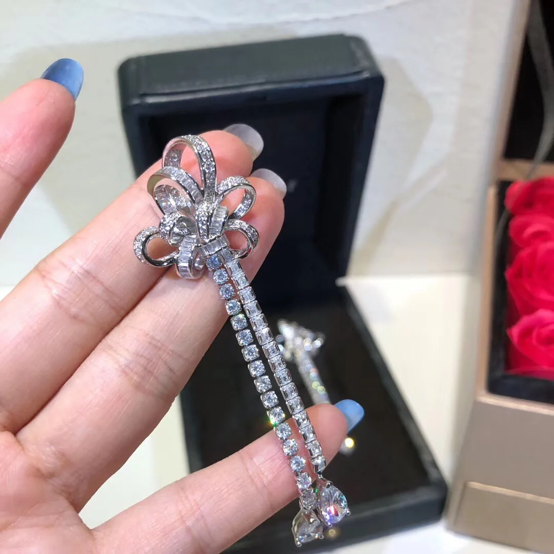 

Trendy 925 Sterling Silver Full 5A Zircon Tassel Bowknot Drop Earrings for Women Party Silver 925 Bownot Earrings Anniversary Gi
