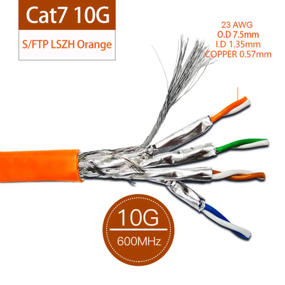 Кабель Ethernet Lan 50 м RJ45 Cat7 10 Гбит/с SFTP двойной экранированный из чистой меди AWG23 LSZH