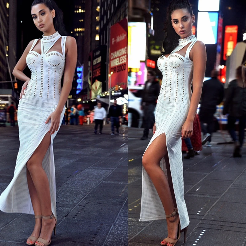 Женское элегантное платье чокер с шипами и разрезом сбоку вечерние платья