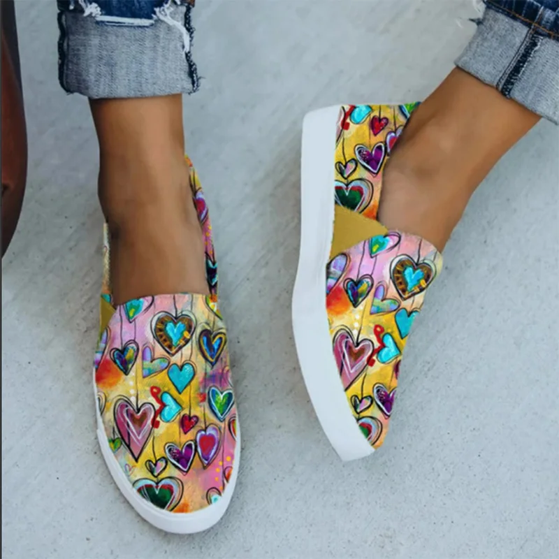 

Painted Slip-On Casual Thick-soled Women Canvas Shoes 2021 New Female Vulcanized Shoes Flat-bottomed Plus Size Loafers Sneakers