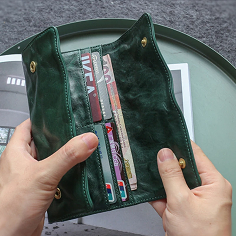 

2021Japanese original leather long wallet male first layer cowhide wrinkled retro wallet buckle card bag clutch bag female