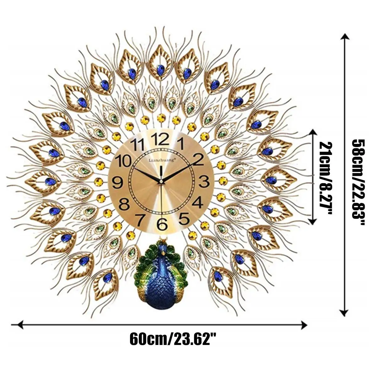 

Large 3D Gold Diamond Peacock Wall Clock Metal Watch for Home Living Room Decoration DIY Quartz Silent Clocks Ornaments 60x58cm