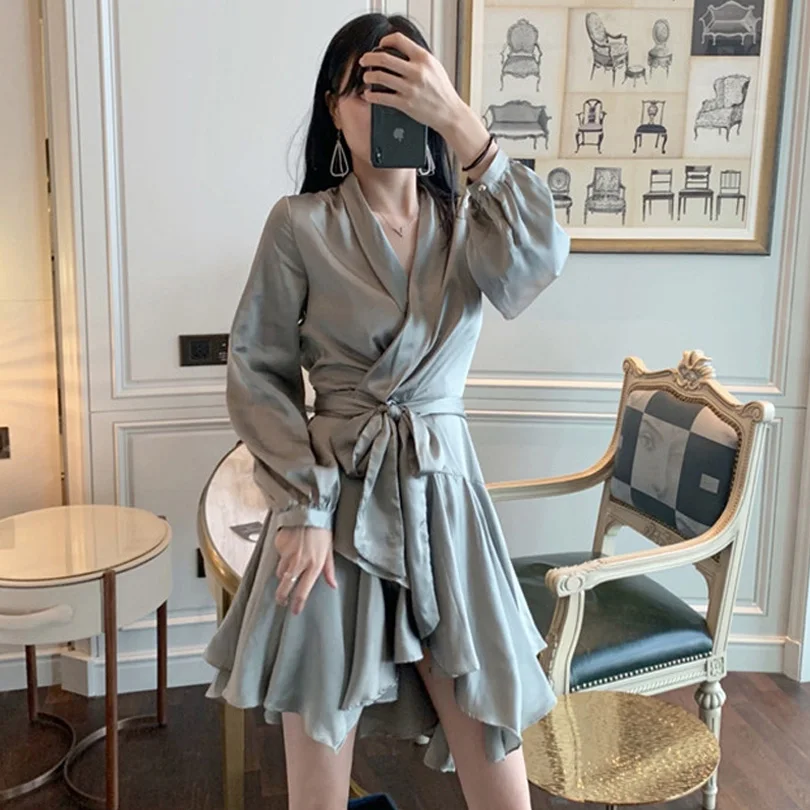 Женское мини платье с длинным рукавом повседневное однотонное оборками и