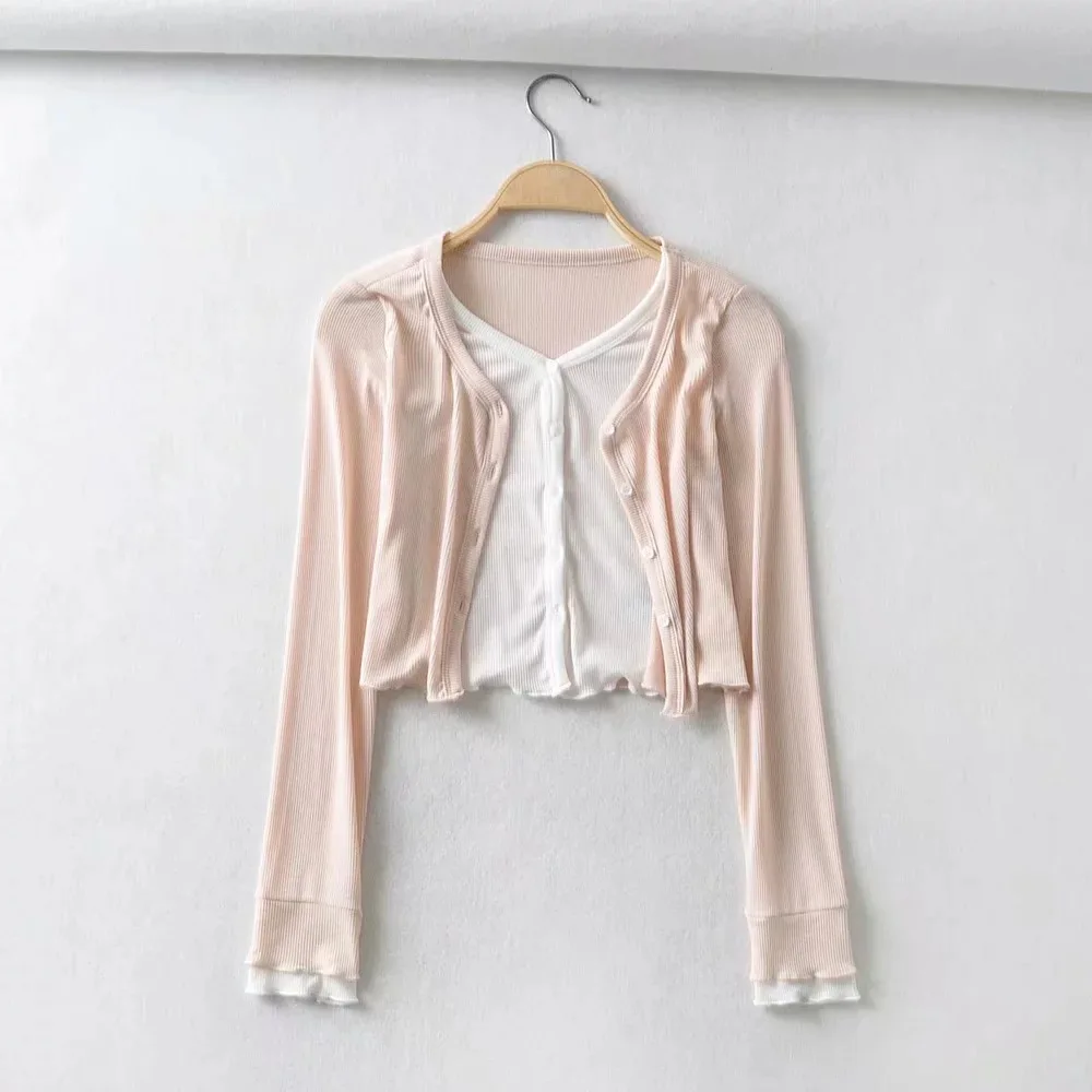 

Woman long sleeve fake 2pcs crop top tee