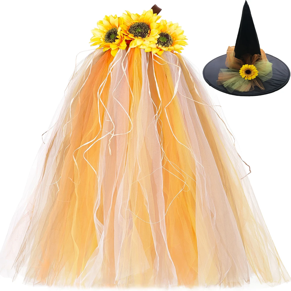 Autumn Sunflower Scarecrow Tutu Dress Kids Pumpkin Halloween Costumes for Girls Photo Prop Party Fall Themed Tulle | Детская одежда и