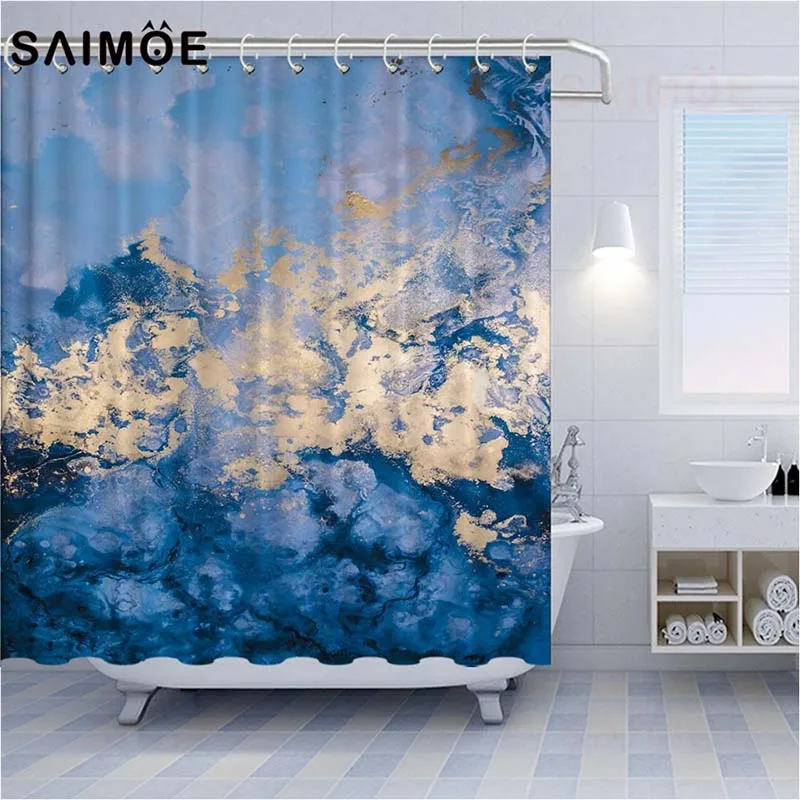 SAIMOE Marble Texture Shower Curtains Liquid Golden Bathroom Curtain Blue Stone Abstract Art Home Decor | Дом и сад
