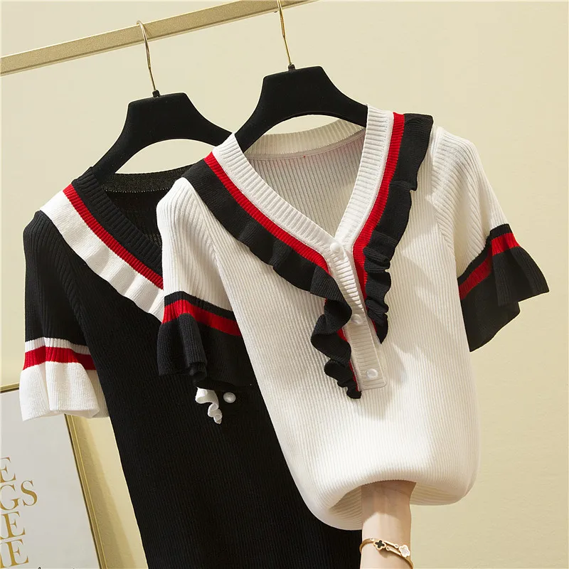 

2021 New knitted Oversized Pullover Women V Neck Knitted Sweater Shirt Female All-match Basic Short Sleeve Tops jersey mujer
