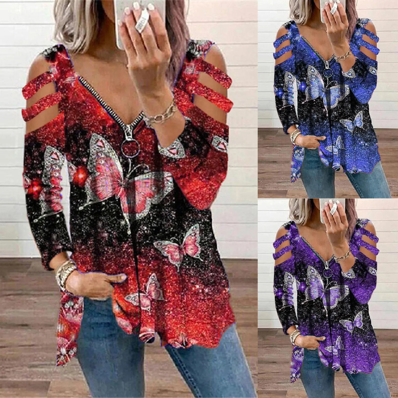 

Fashion Blouses Women's Long Sleeve Printing Prints Loose Casual Plaid Pocket V-Neck Blouse Zipper Pullover Print Short Sleeves