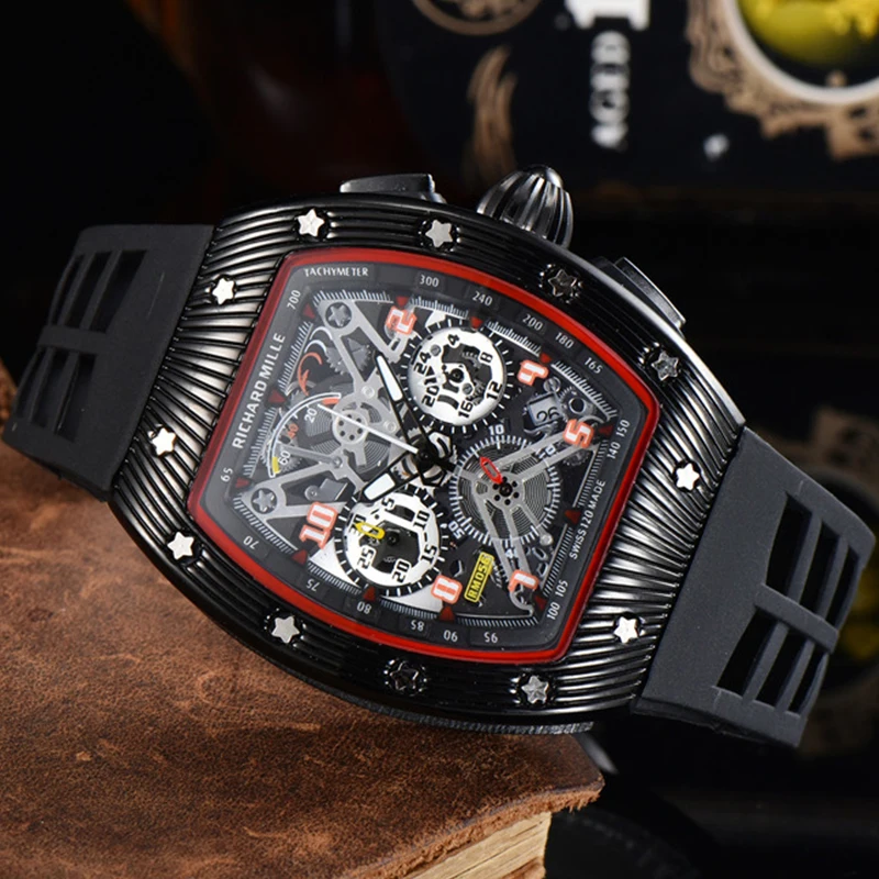 

2021 new six-hand men's fashion quartz watch, rubber tonneau-shaped Richard ghost head watch hip hop watch sports watch